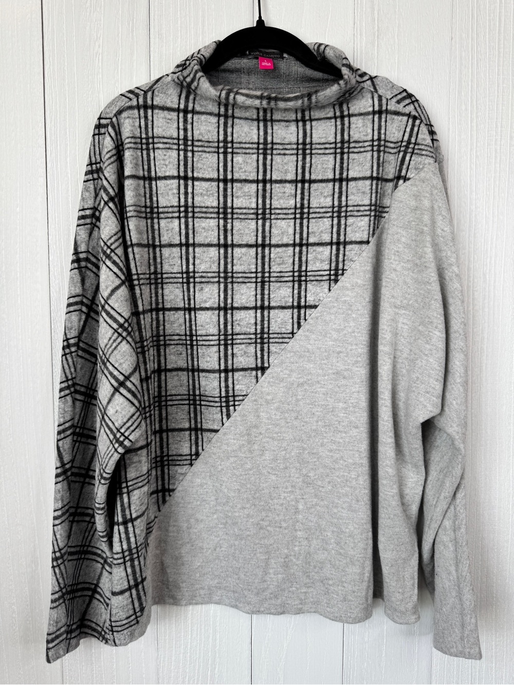 Vince Camuto Gray Plaid Diagonal Panel Mockneck Sweater